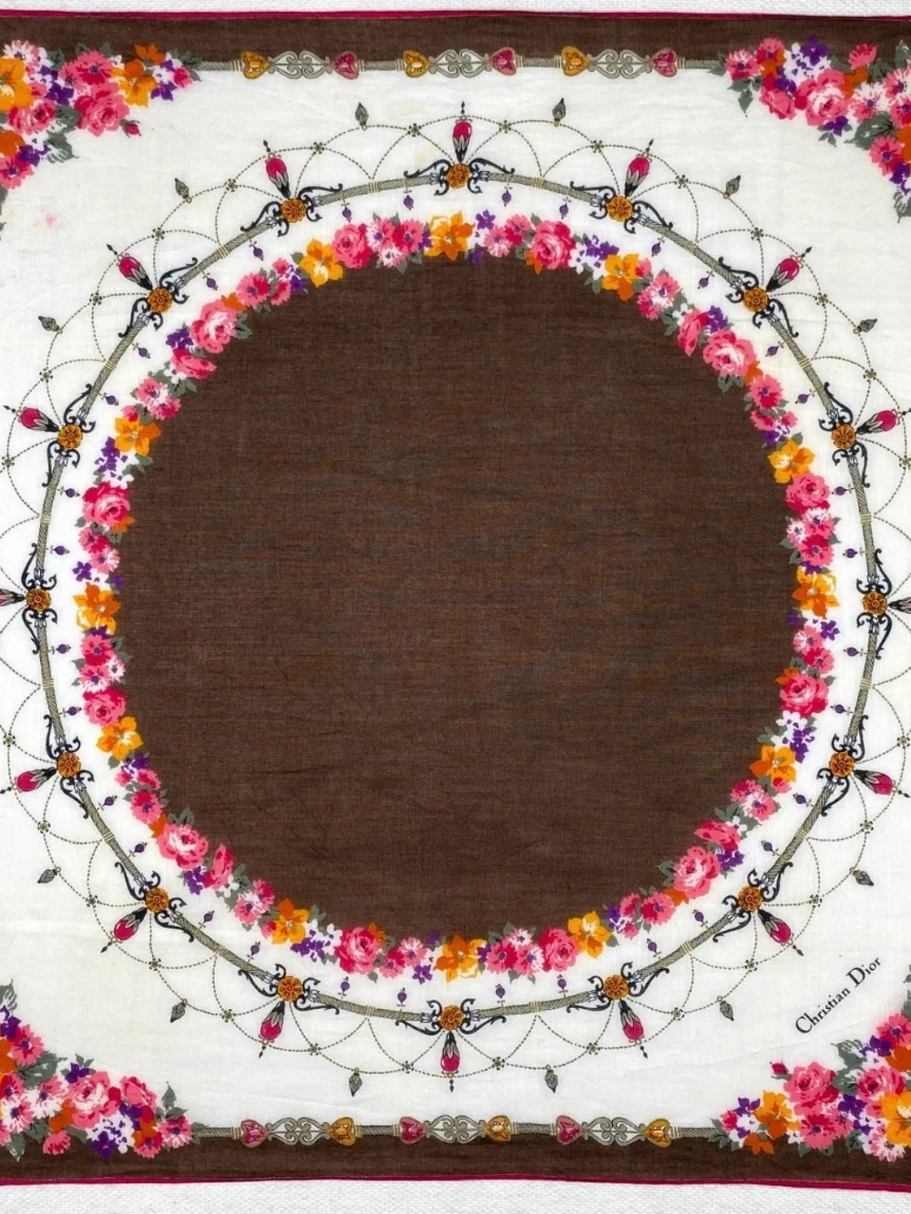 Dior Floral-Accent Brown & White Women's Scarf